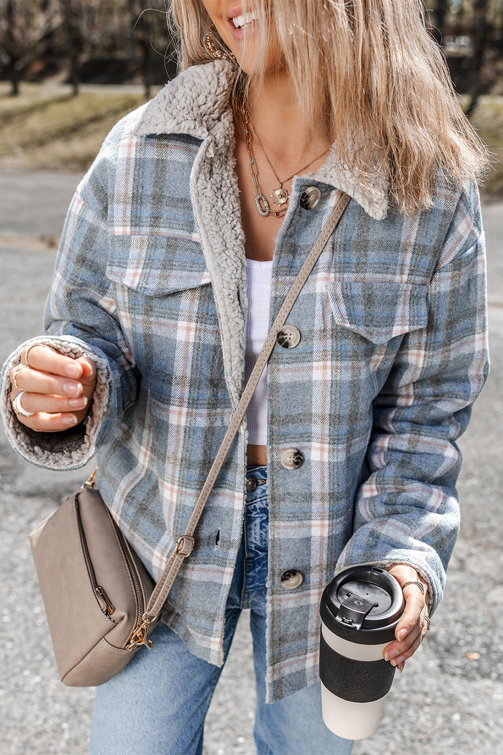 Sky Blue Stripe Sherpa Collar Cuffs Patchwork Plaid Shirt Jacket with Chest Pocket - loveforevers