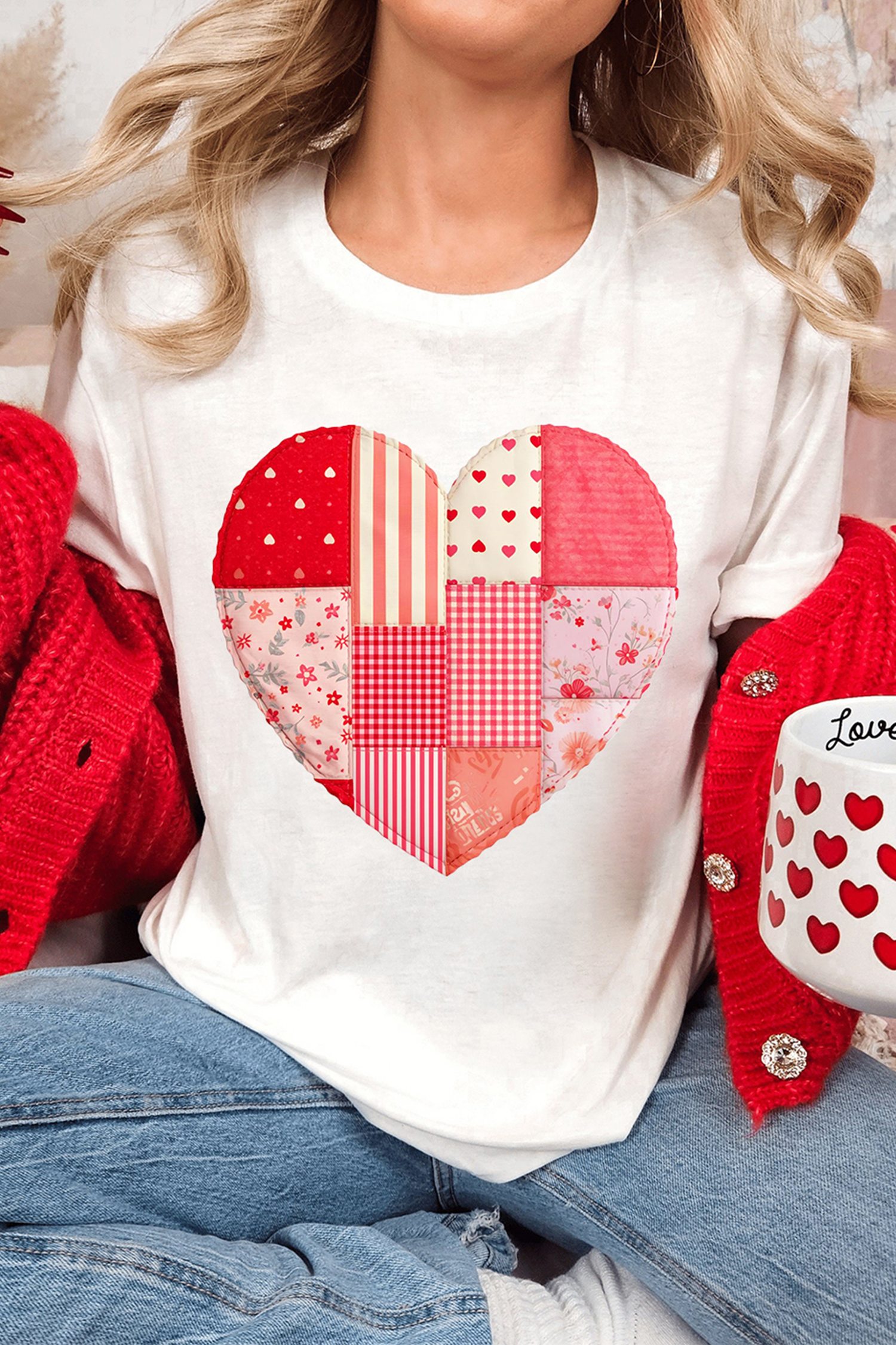 White Floral Plaid Mixed Patchwork Heart-shape Graphic T Shirt - loveforevers