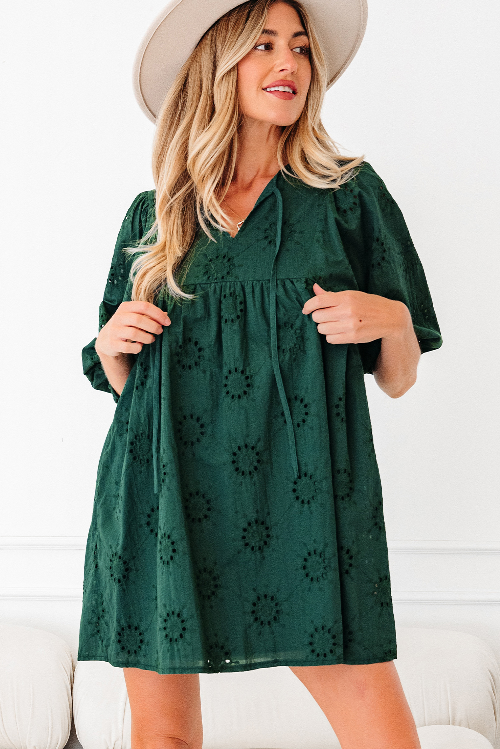 Blackish Green Embroidered Eyelet Pattern 3/4 Puffy Sleeve Swing Mini Dress - loveforevers
