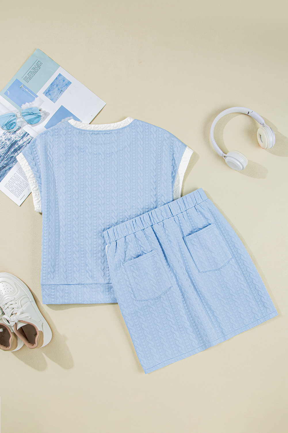 Beau Blue Contrast Trim Textured Crewneck Tee and Pocketed Skirt Set - loveforevers