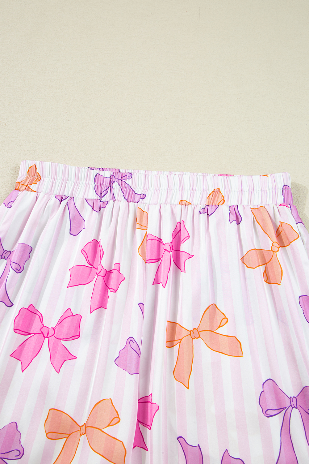 Pink Striped Bow Print Contrast Piping Trim Shirt and Pants 2pcs Pajama Set - loveforevers