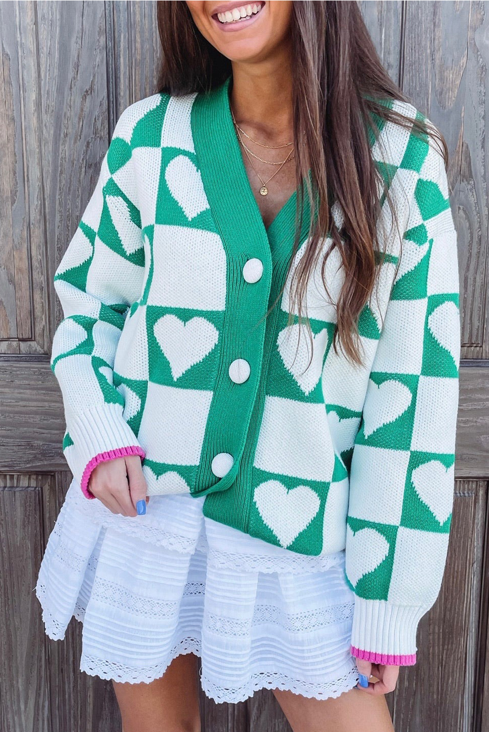 Sea Green Plaid Heart Knit V Neck Button Down Sweater Cardigan - loveforevers