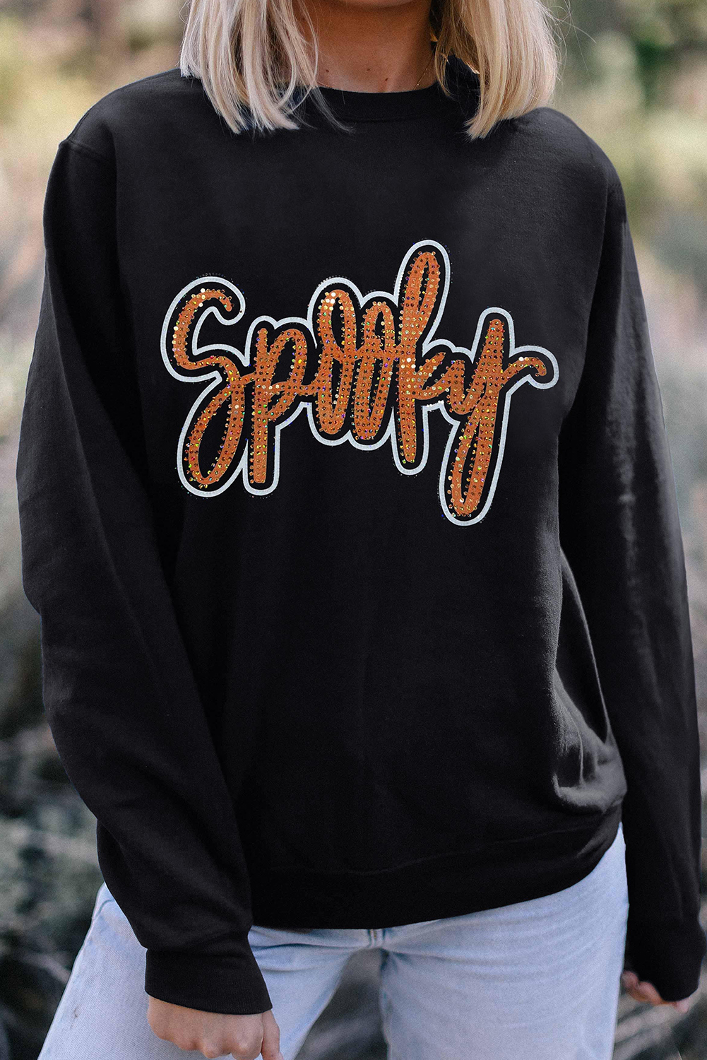 Black Spooky Rhinestone Drop Shoulder Graphic Sweatshirt - loveforevers