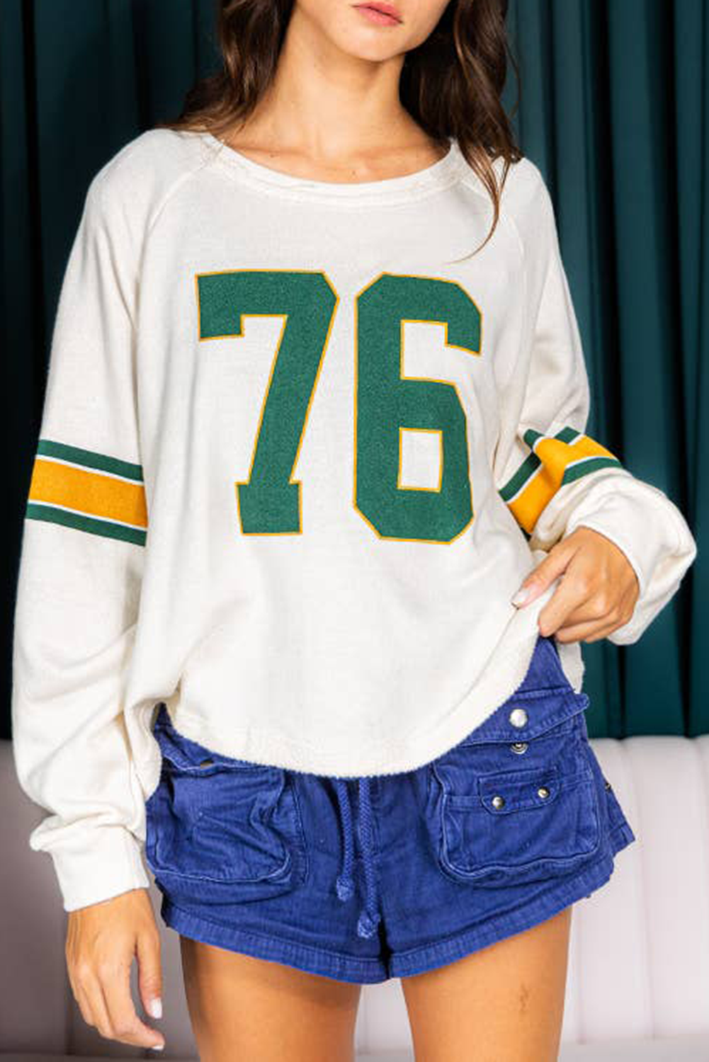 White Number 76 Printed Retro Sporty Long Sleeve Top - loveforevers