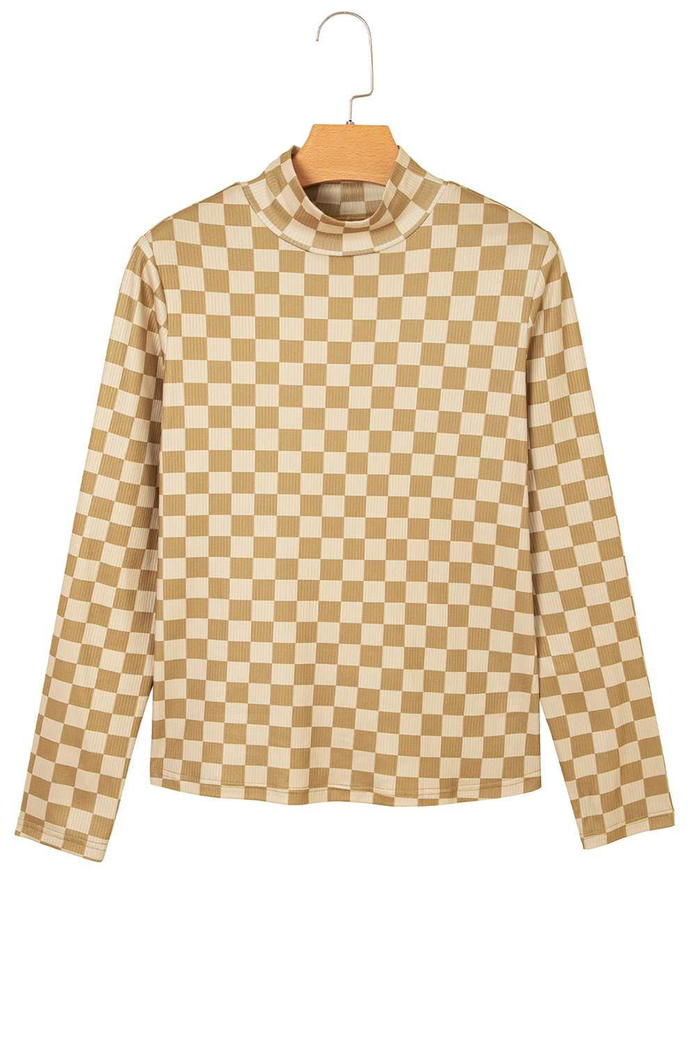 Khaki Check Pattern Turtleneck Ribbed Slim Long Sleeve Tee - loveforevers