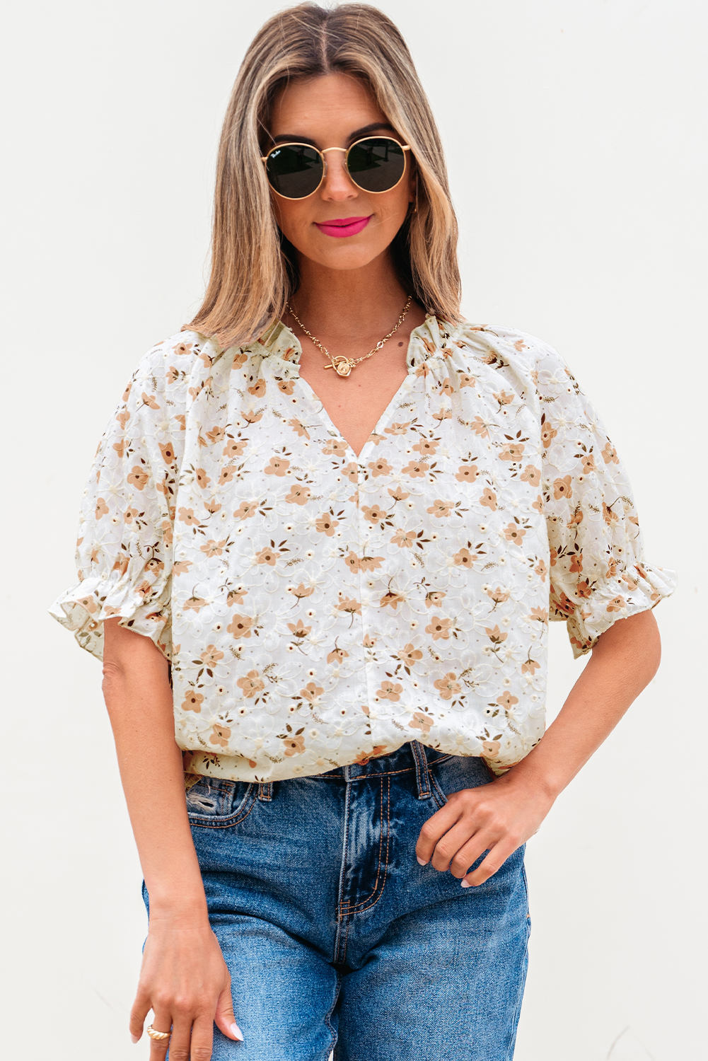 White Floral Eyelet Embroidered Puff Sleeve Notch V Neck Blouse - loveforevers