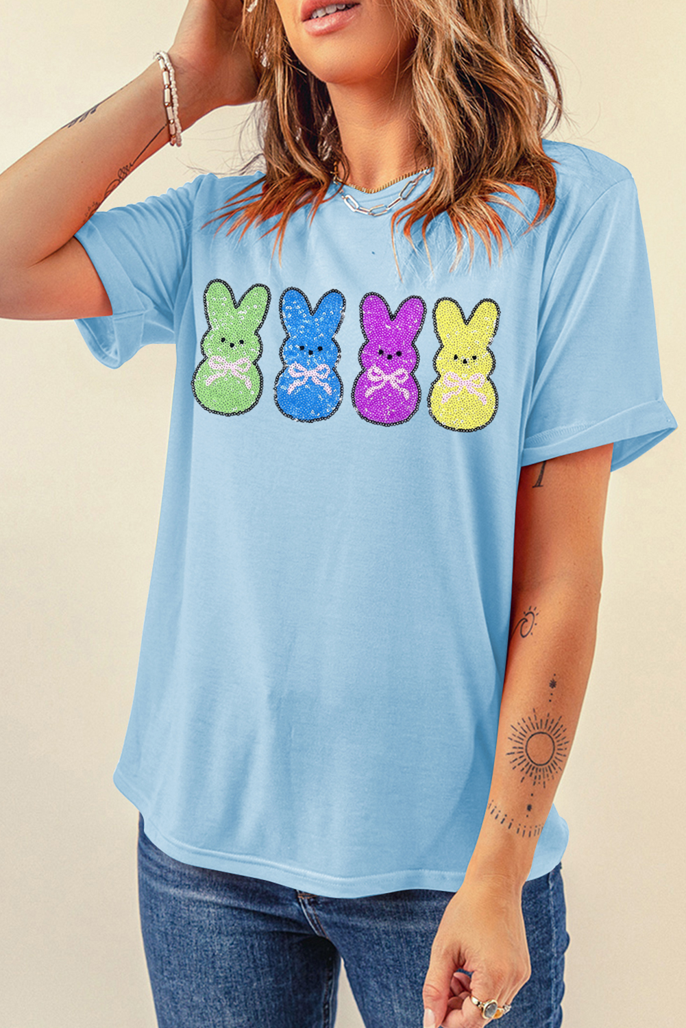 Light Blue Sequin Bunny Doll Graphic Casual T Shirt - loveforevers
