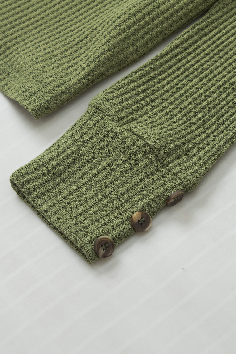 Jungle Green Textured Knit V Neck Button Cuffs Long Sleeve Top - loveforevers