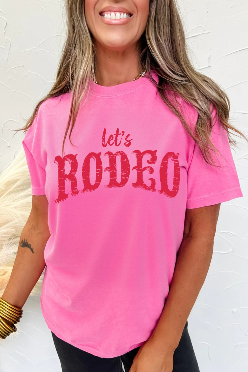 Rose Red Lets Rodeo Crew Neck Graphic Tee - loveforevers