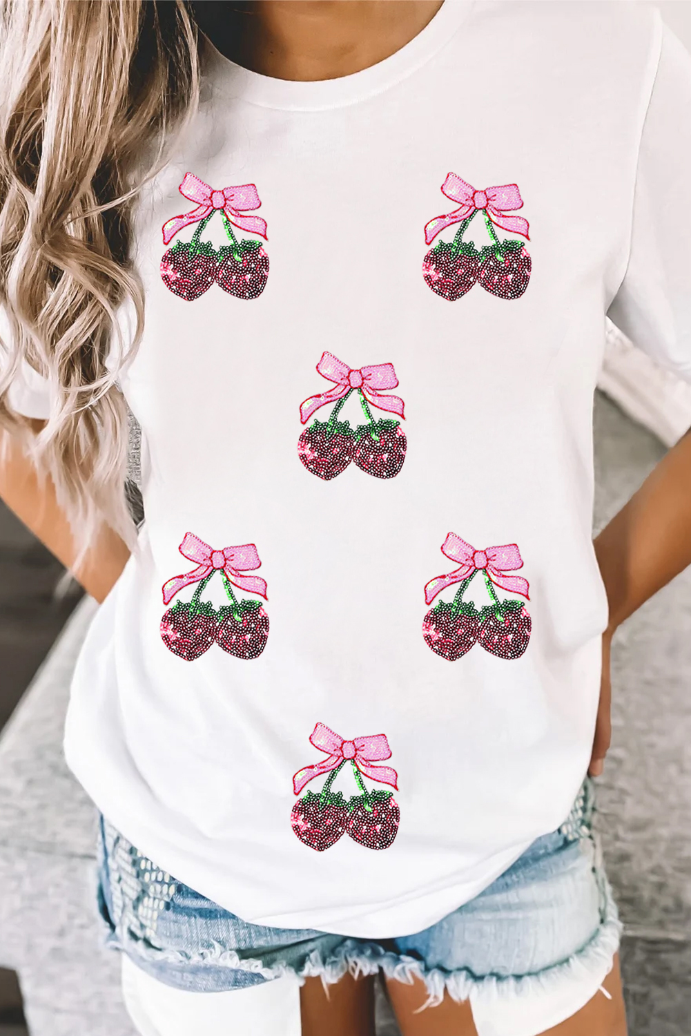 White Sequin Bow Strawberry Graphic Crew Neck T Shirt - loveforevers
