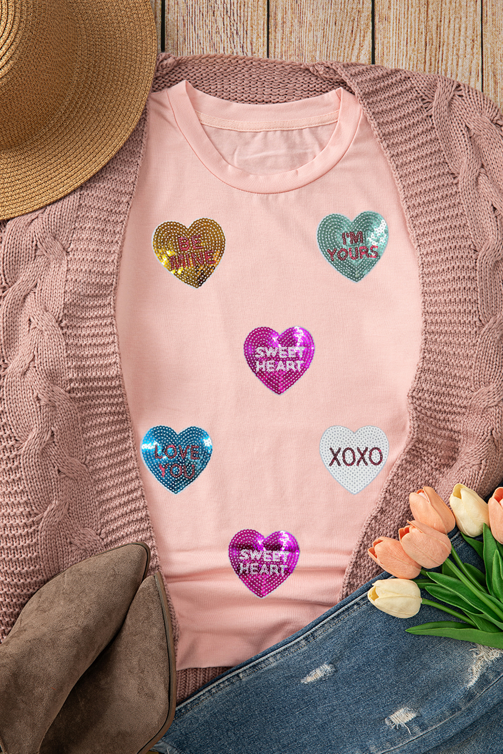 Pink Sequin Valentines Lettering Heart Patched Crewneck T Shirt - loveforevers