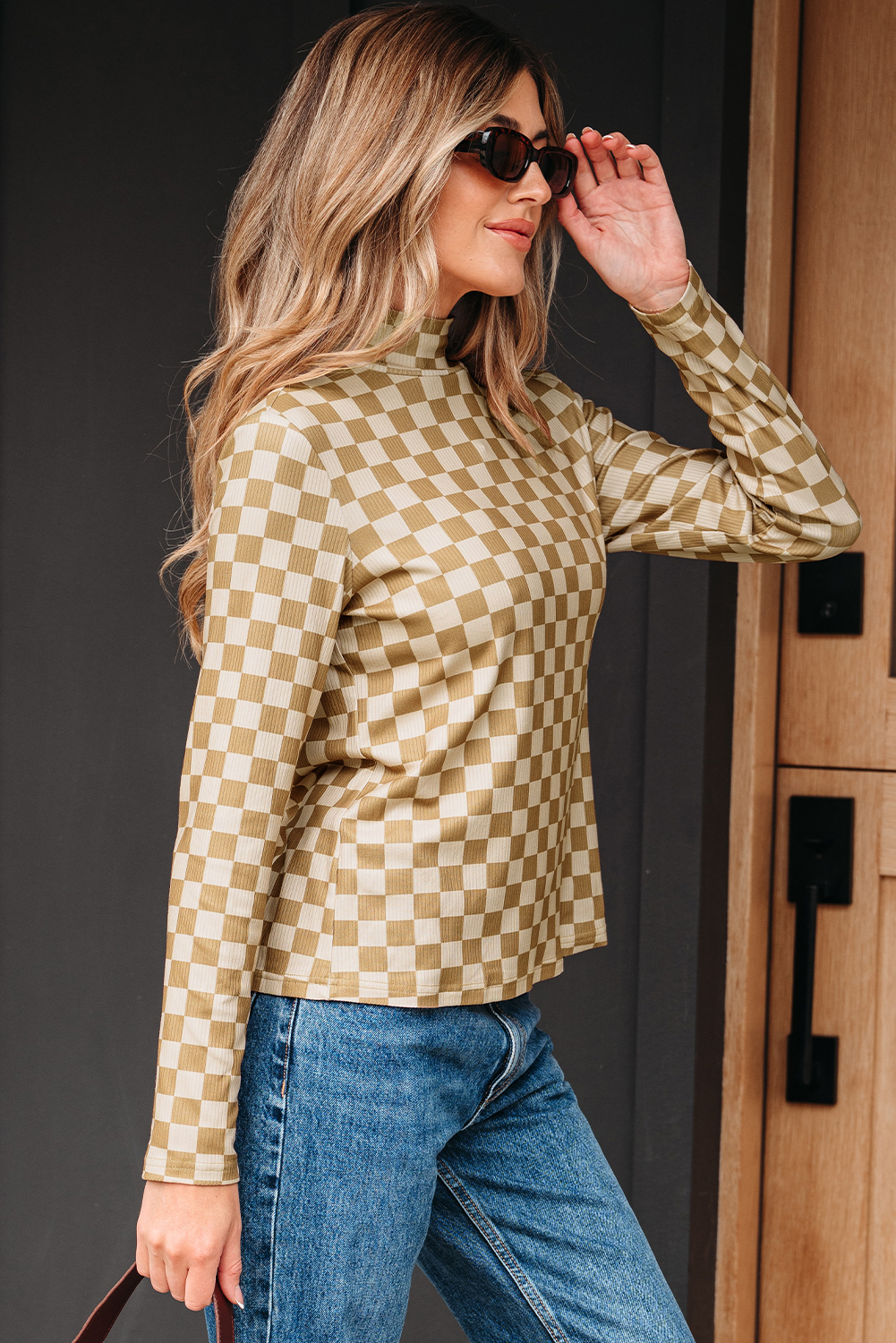 Khaki Check Pattern Turtleneck Ribbed Slim Long Sleeve Tee - loveforevers