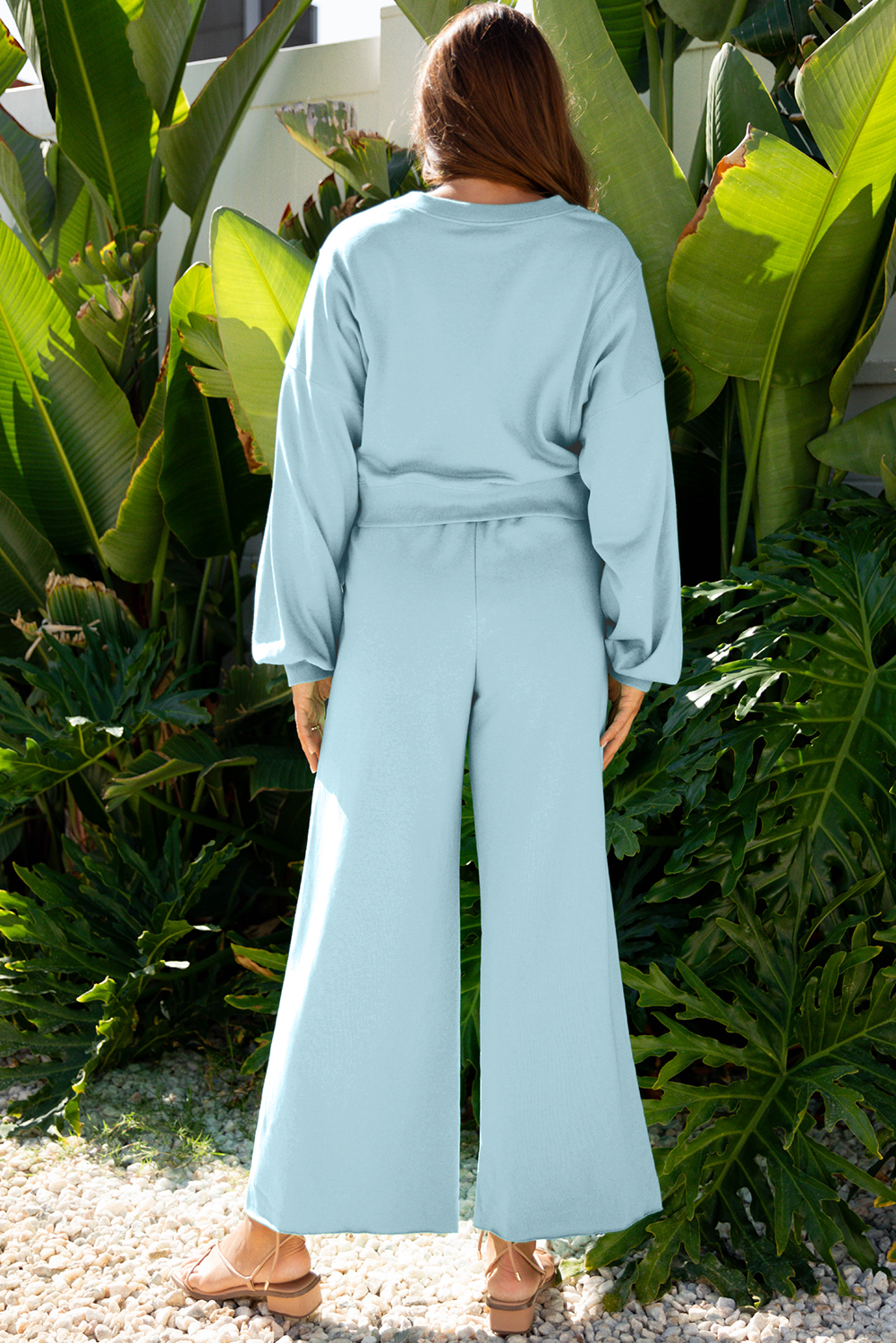 Bright Green Drop Shoulder Puff Sleeve Crop Pullover Drawstring Wide Leg Pants Set - loveforevers
