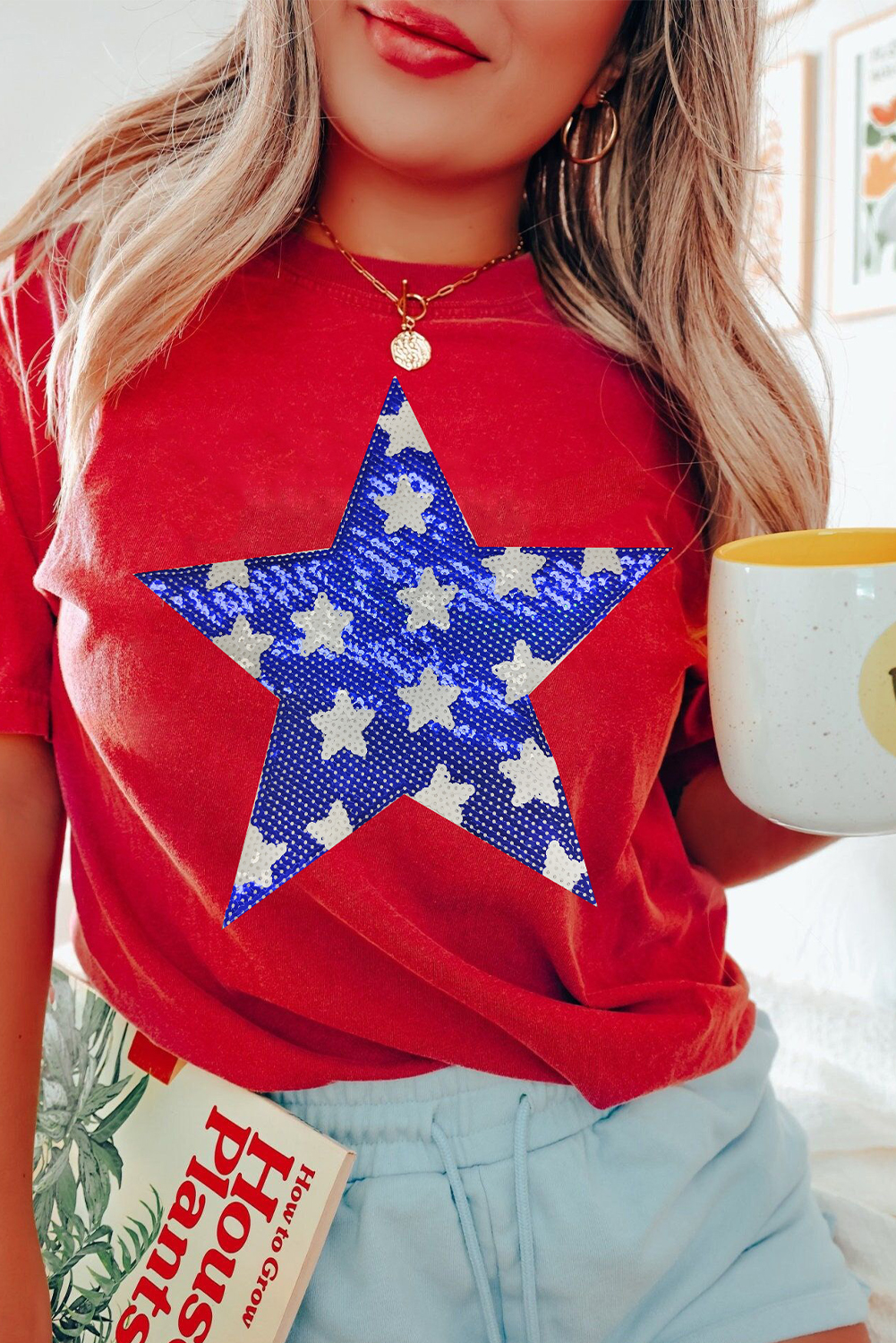 Red Sequin Star Graphic Crewneck T Shirt - loveforevers