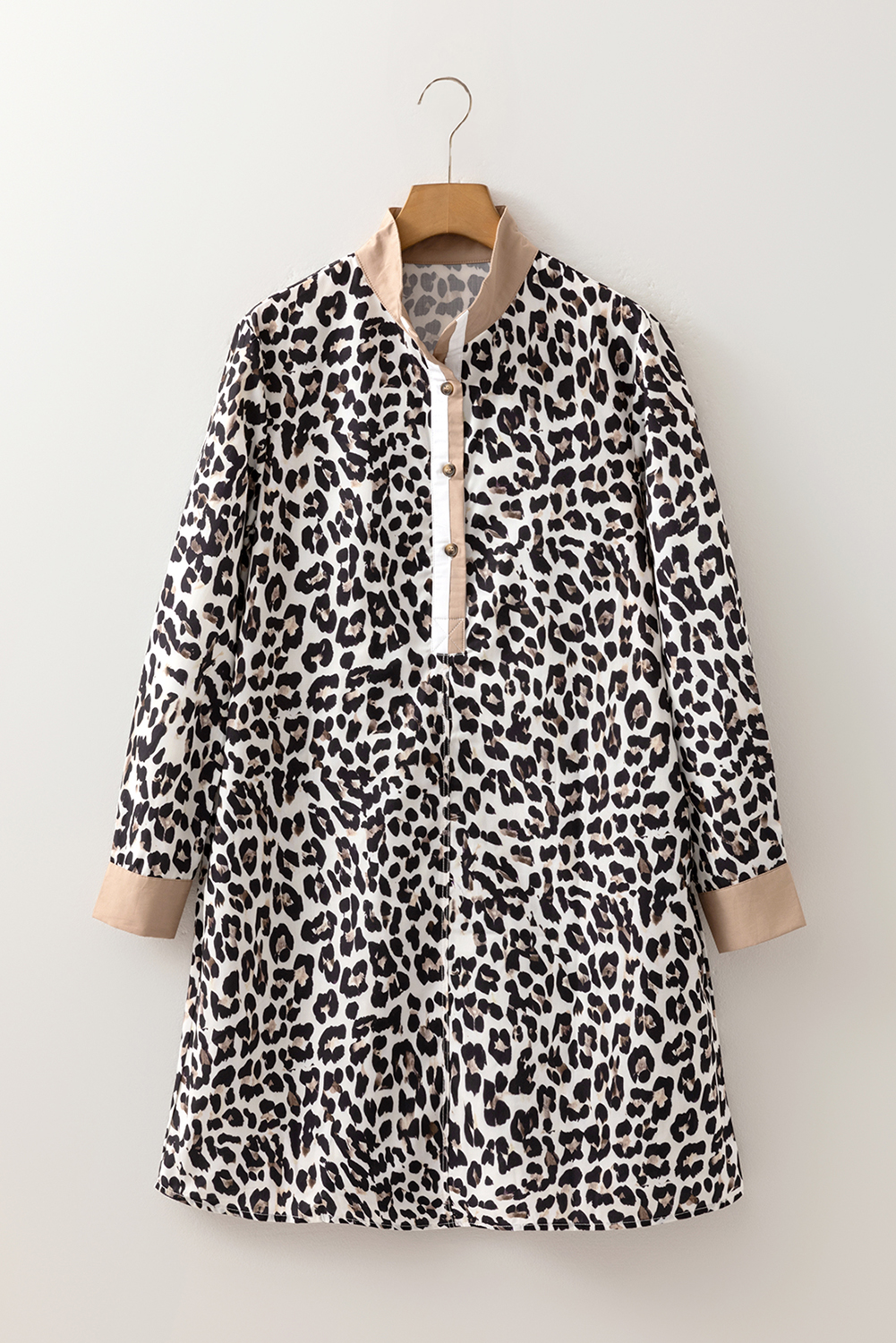 Multicolour Button Striped Collar Leopard Print Long Sleeve Flared Dress - loveforevers
