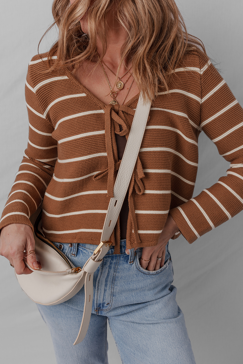 Chestnut Tie Front Striped Knit V Neck Cardigan Sweater - loveforevers