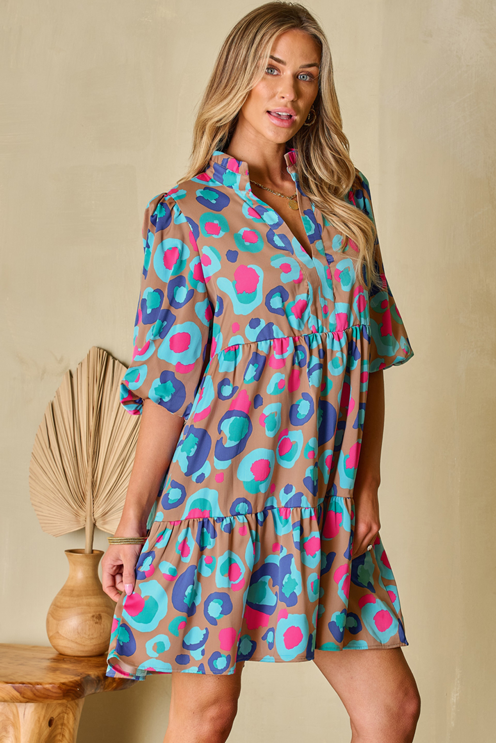 Green Leopard Print Bubble Sleeve Slit Neck Ruffled Dress - loveforevers