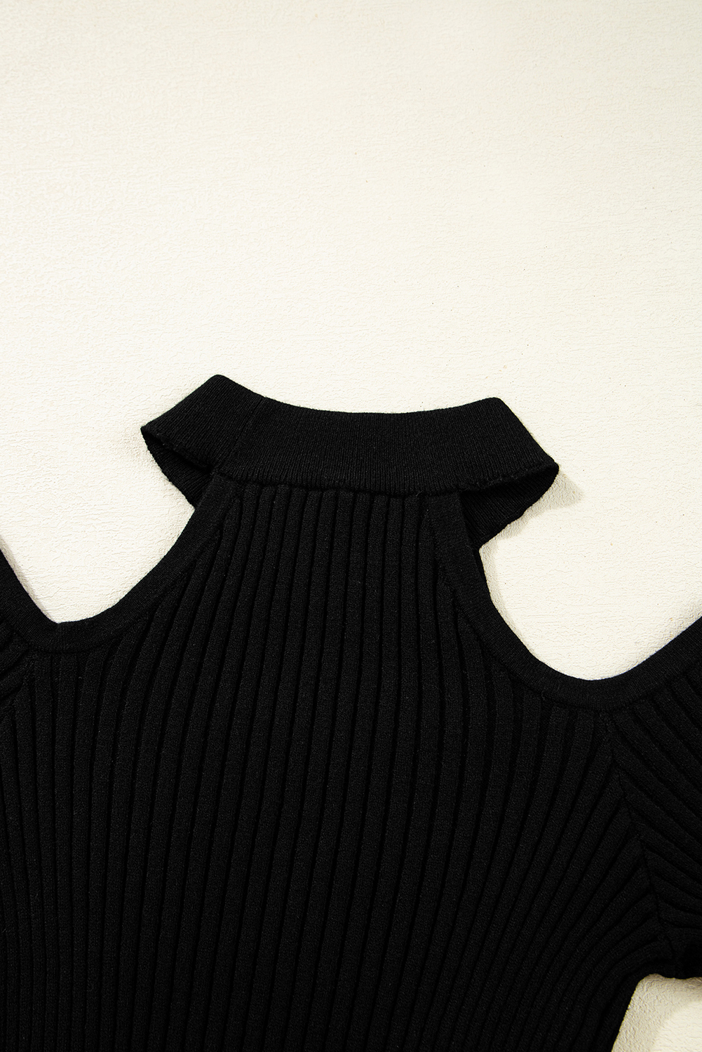 Black Ribbed Knit Cold Shoulder Choker Neck Sweater - loveforevers