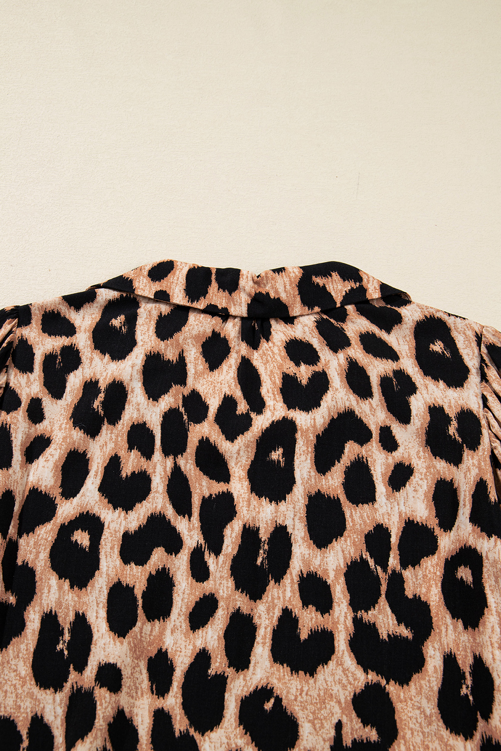 Four Leaf Clover Collared V Neck Smocked Detail Contrast Leopard Trim Bracelet Sleeve Long Dress - loveforevers