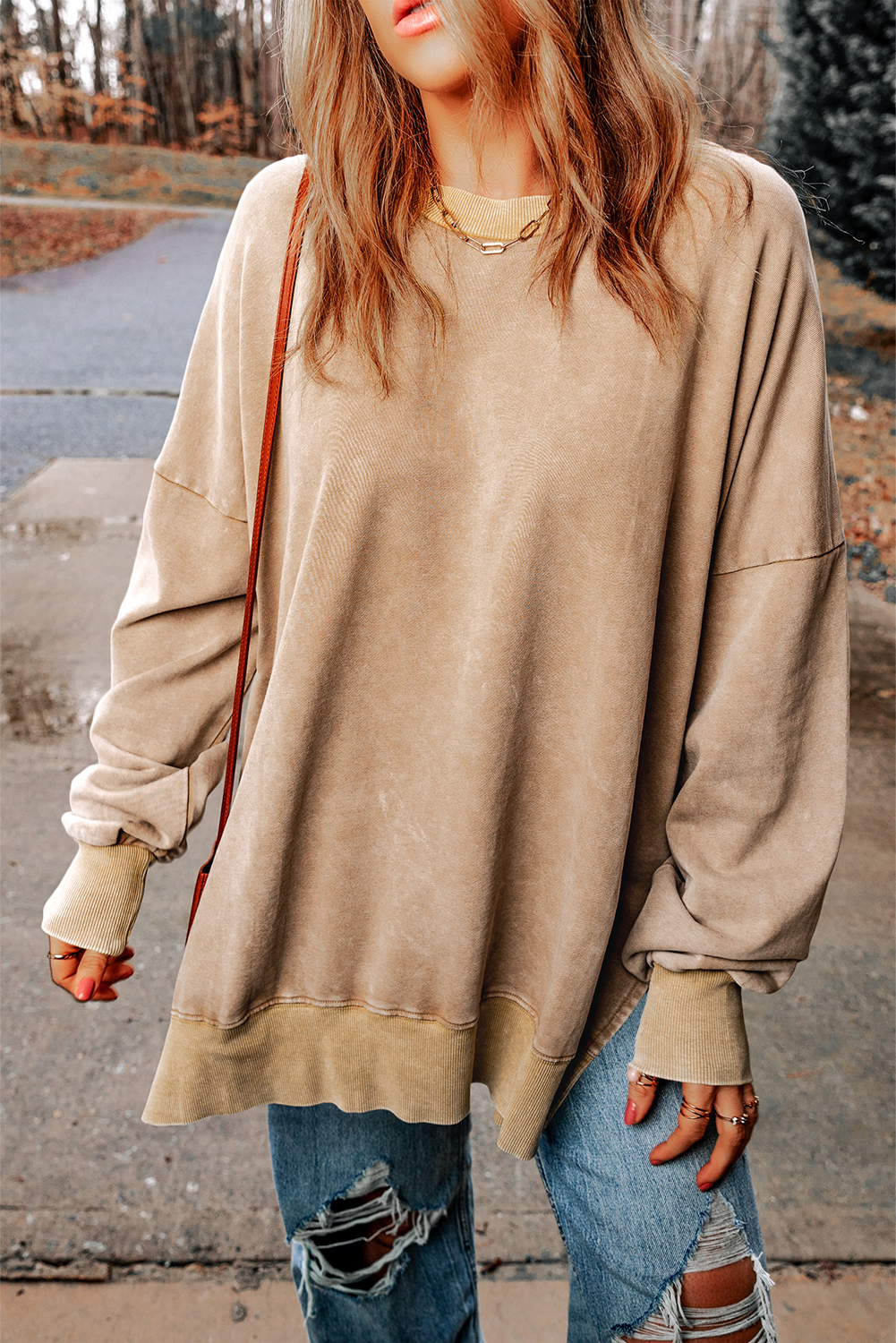 Khaki Drop Shoulder Ribbed Trim Oversized Sweatshirt - loveforevers