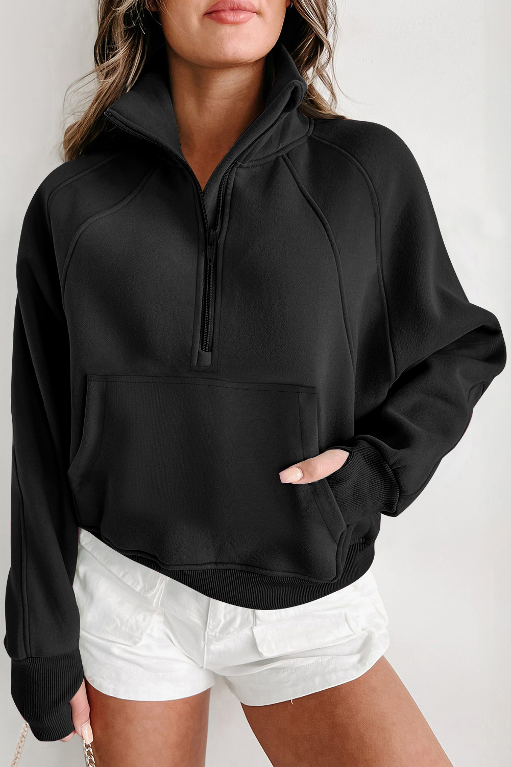 Aruba Blue Quarter Zip Stand Neck Kangaroo Pocket Sweatshirt - loveforevers