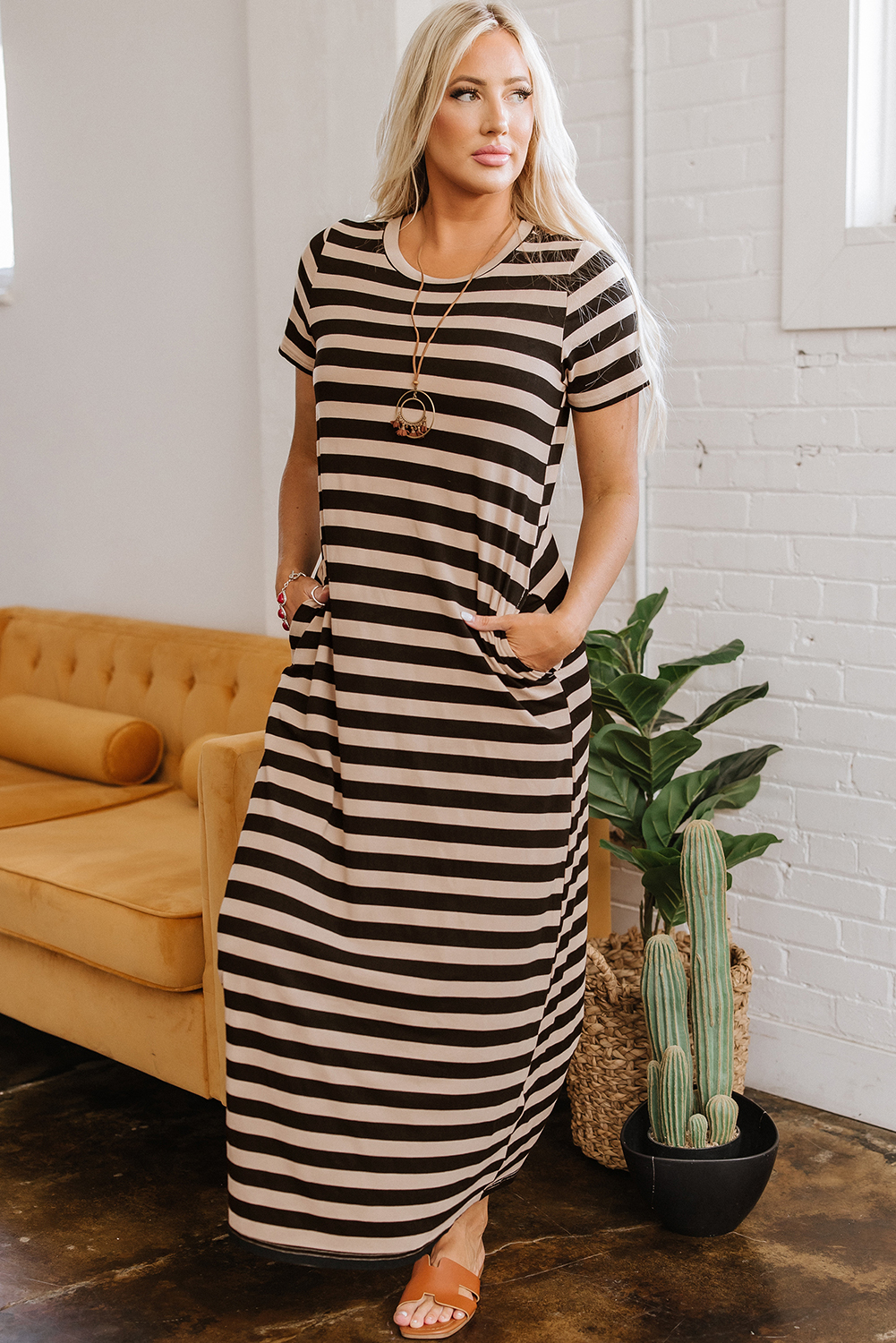 Black Stripe Casual Round Neck T-shirt Maxi Dress with Pockets - loveforevers