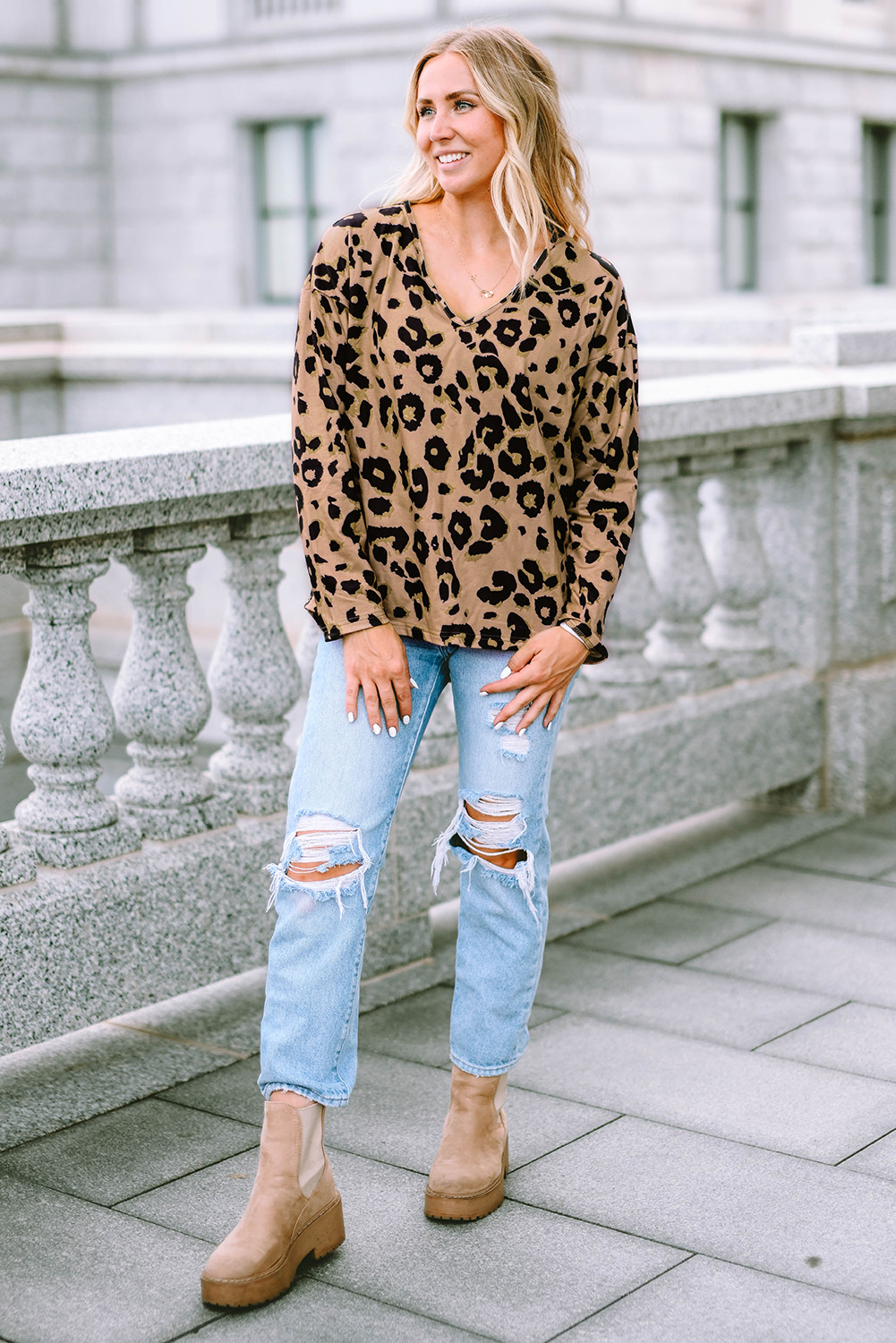 Brown Leopard Split Joint V Neck Long Sleeve Tops - loveforevers