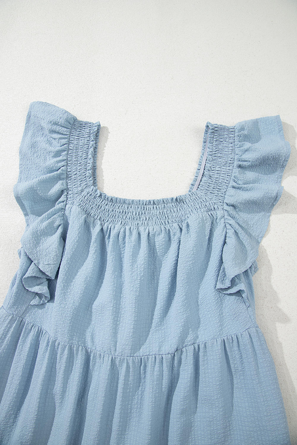Sky Blue Ruffled Flutter Sleeve Square Neck Textured Tiered Maxi Dress - loveforevers