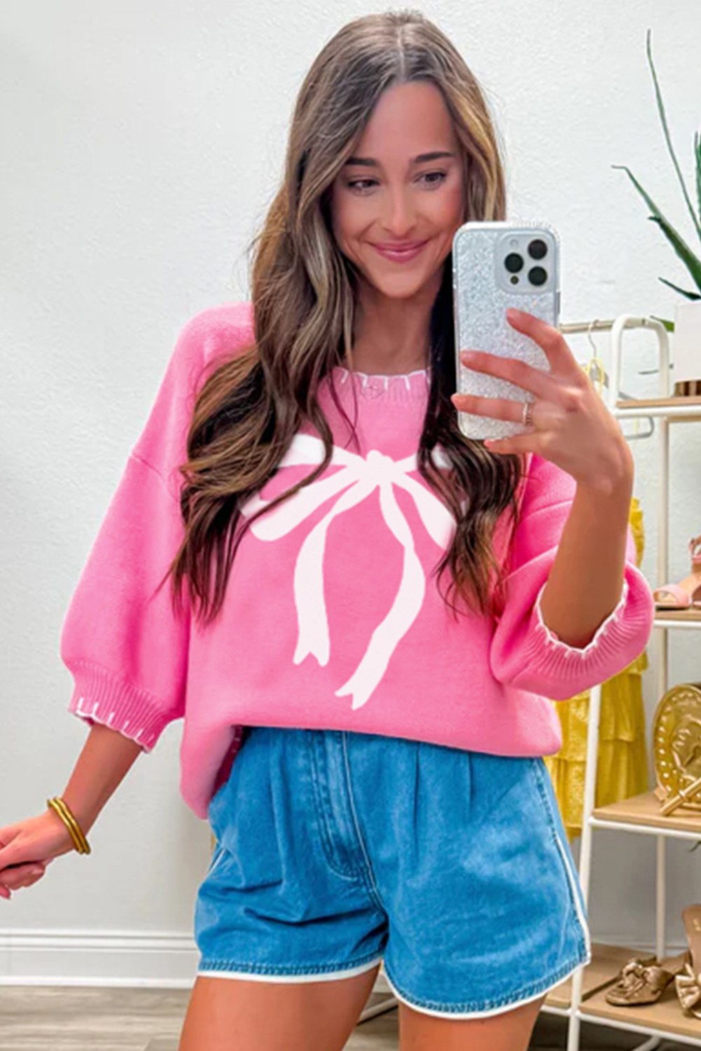 Sachet Pink Big Ribbon Bow Print Contrast Stitch Trim Drop Shoulder Sweater - loveforevers