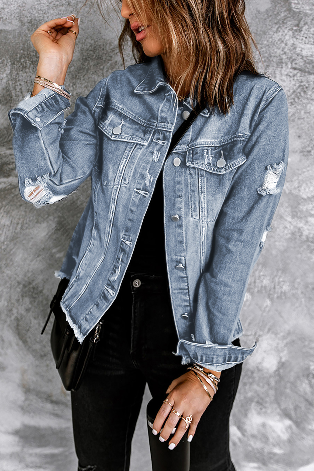 Sky Blue Lapel Distressed Raw Hem Buttons Denim Jacket - loveforevers