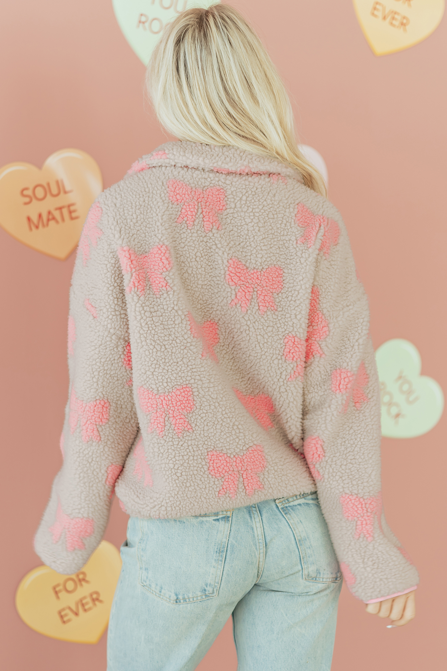 Gray Bow Sherpa Quarter Zip Drop Shoulder Baggy Sweatshirt - loveforevers