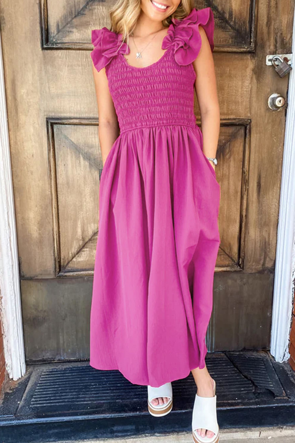 Rose Red Solid Color Ruffled Straps Smocked Ruched Maxi Dress - loveforevers