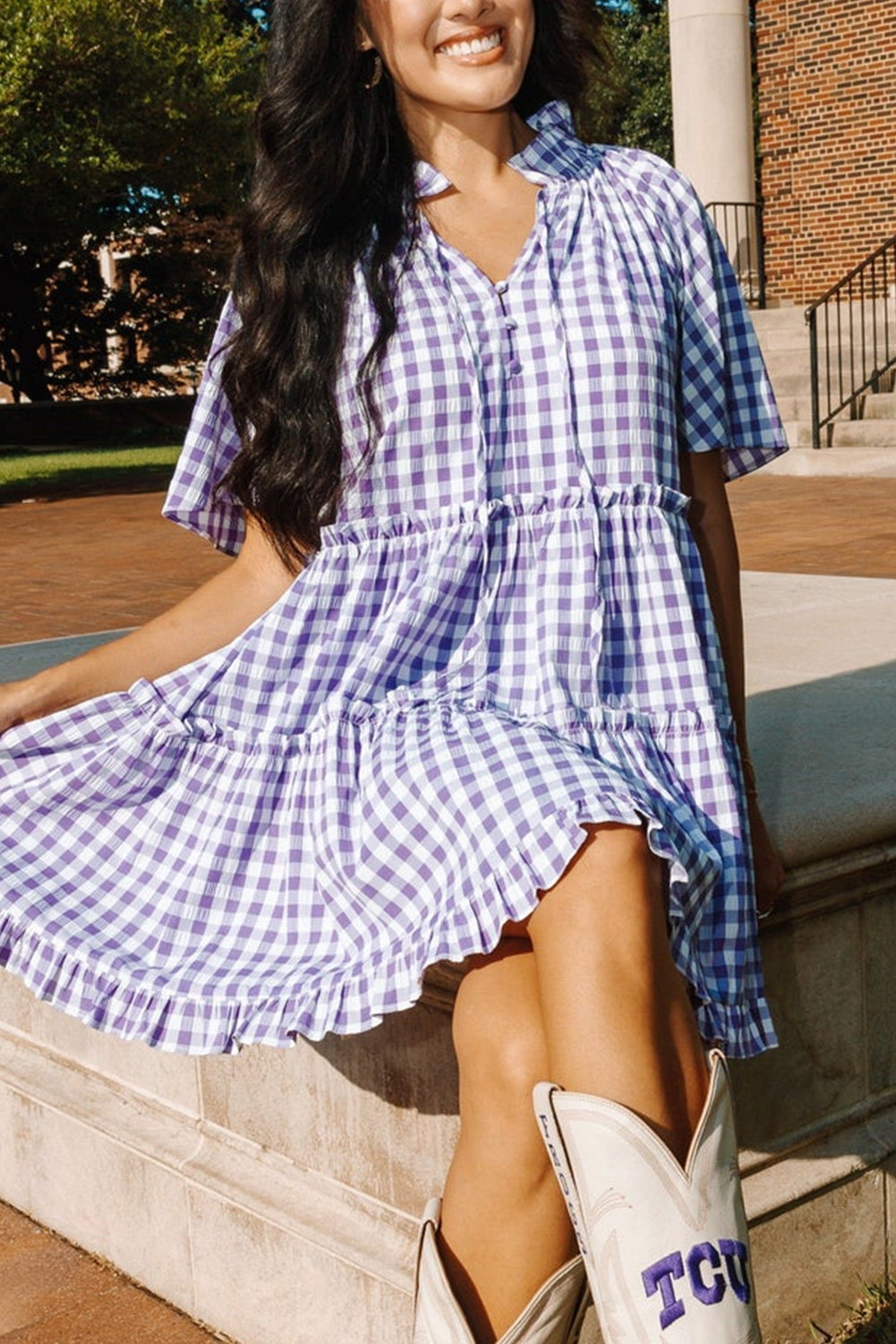 Lavendula Plaid Ruffle Wide Short Sleeve Babydoll Mini Dress - loveforevers