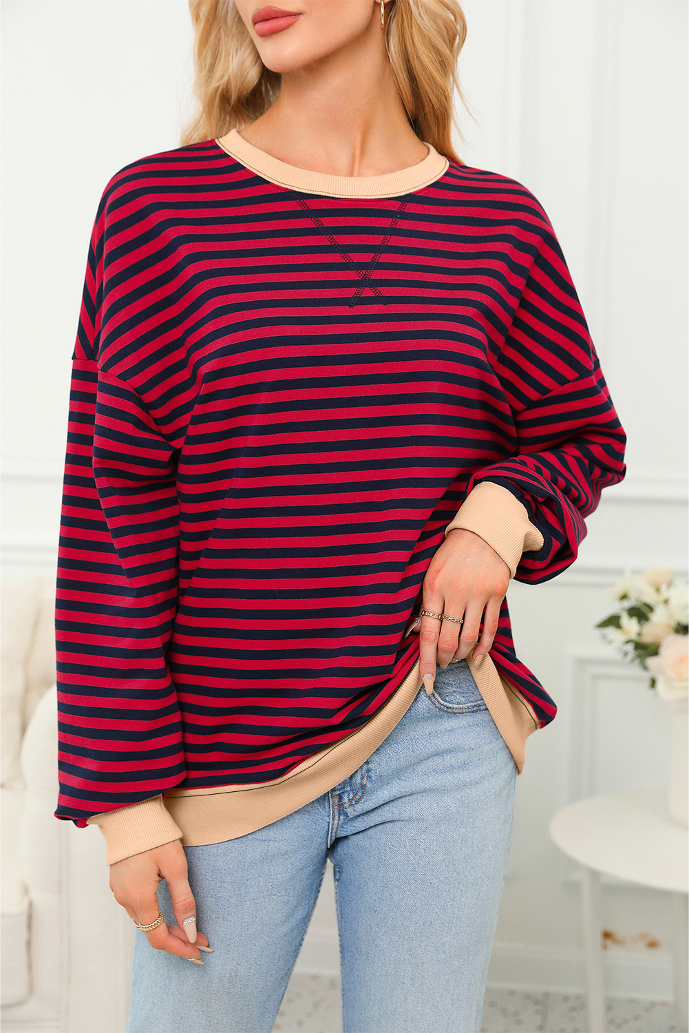 Red Stripe Contrast Ribbed Trim Crossed Stitch Drop Shoulder Sweatshirt - loveforevers