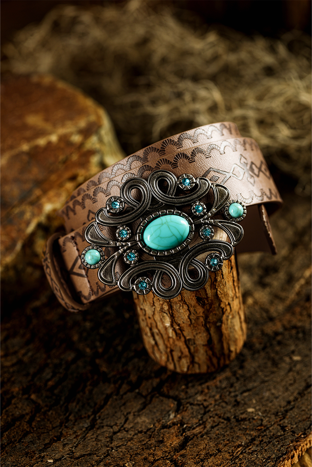 Chestnut Western Floral PU Leather Turquoise Metal Hardware Waist Belt - loveforevers