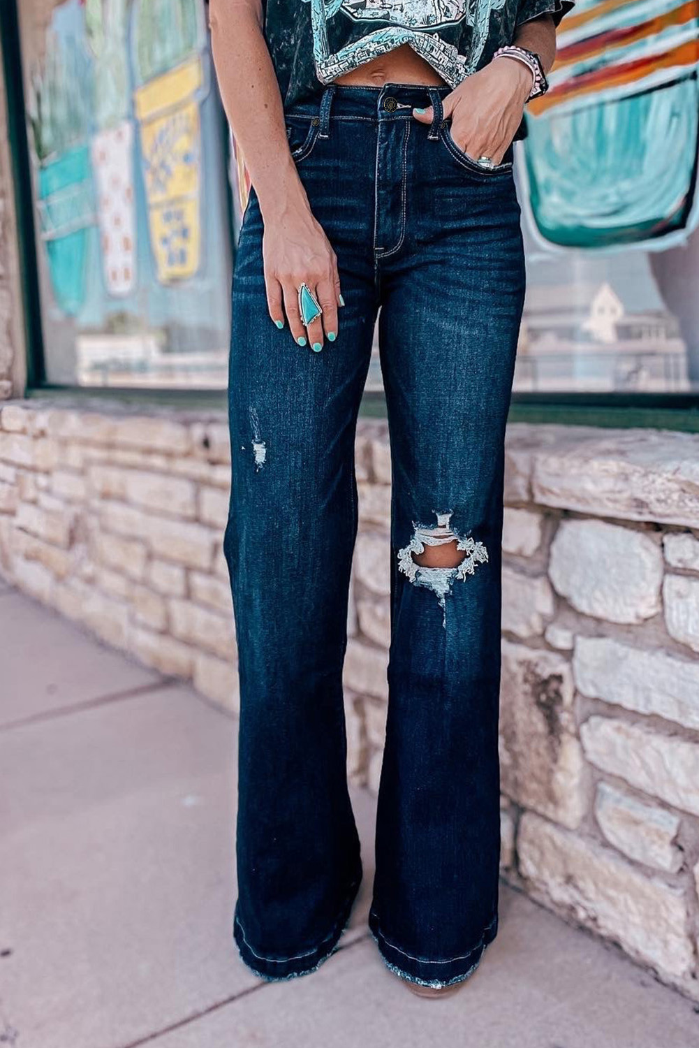 Real Teal High Rise Ripped Bell Bottom Jeans - loveforevers