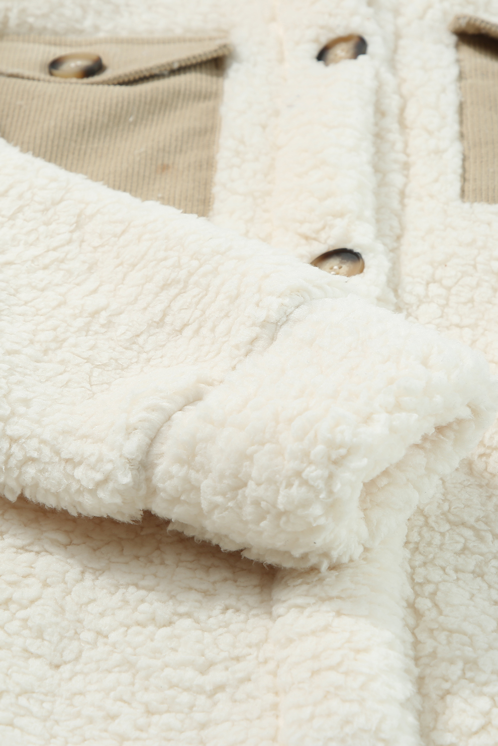 Beige Contrast Flap Pocket Single Breasted Teddy Coat - loveforevers