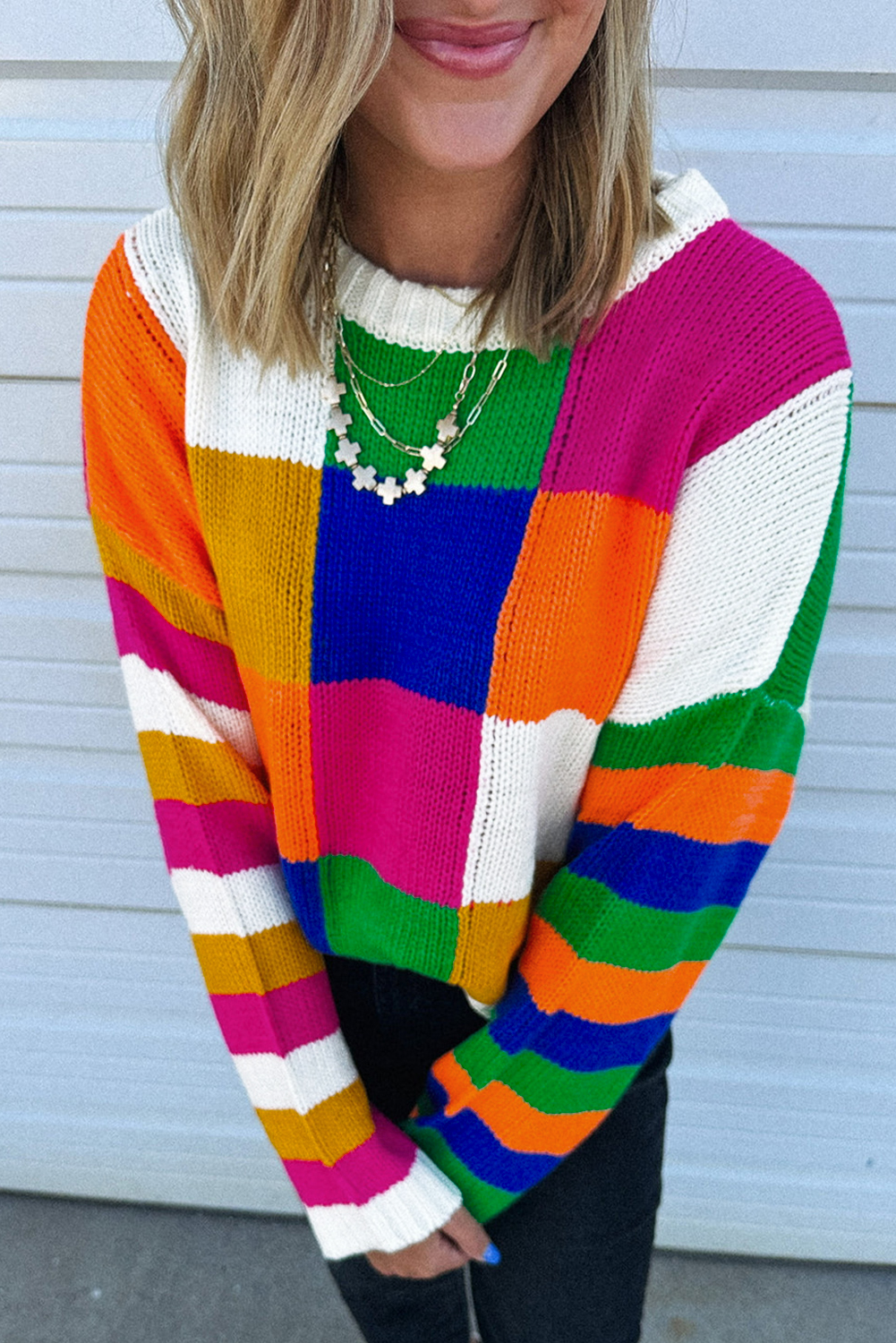 Orange Checkered Color Block Round Neck Loose Sweater - loveforevers