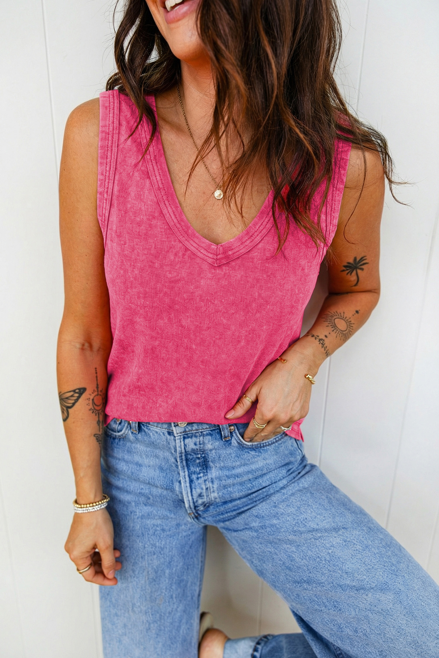 Red Dahlia Mineral Wash V Neck Tank Top - loveforevers