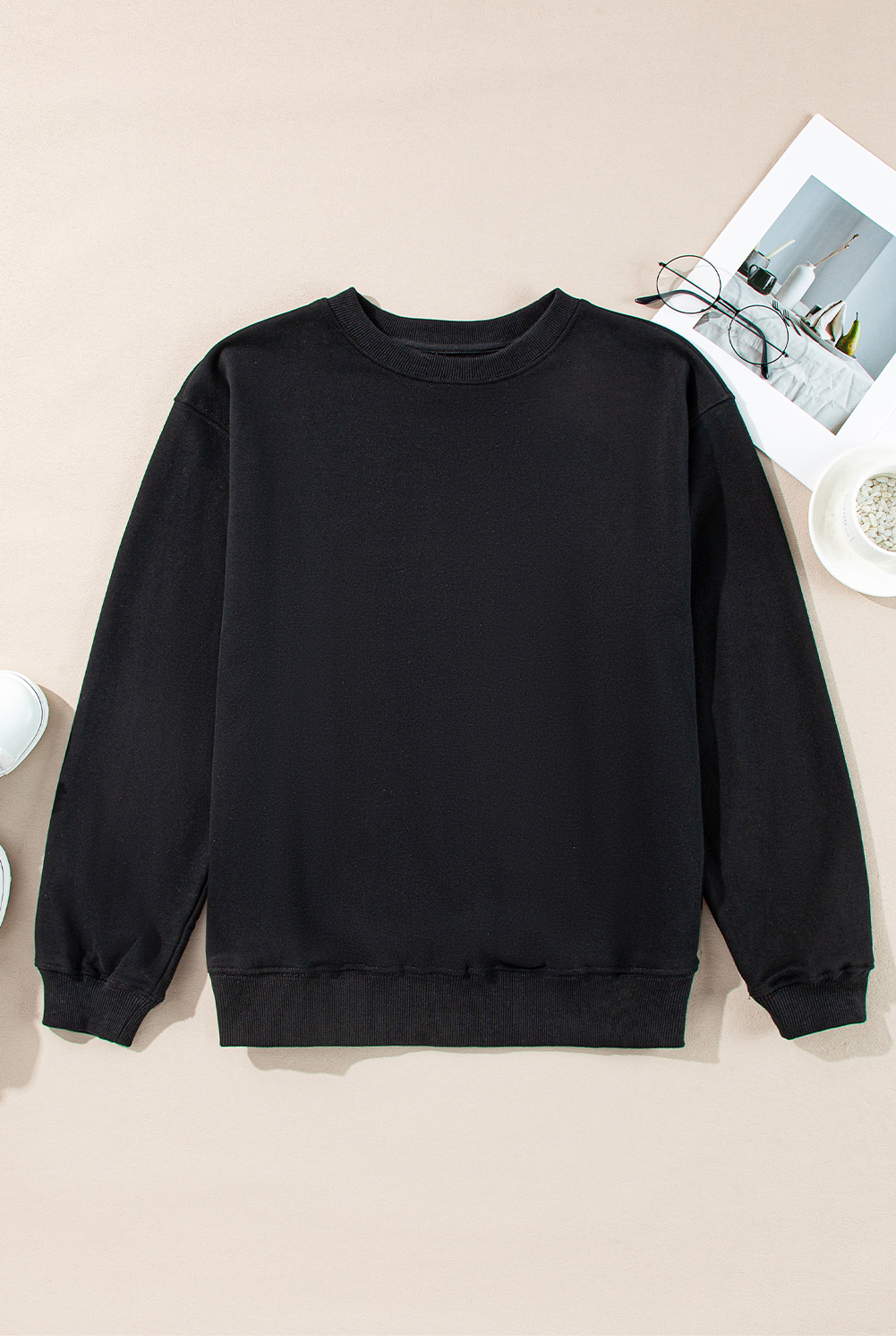 Navy Blue Plain Drop Shoulder Crewneck Pullover Sweatshirt - loveforevers