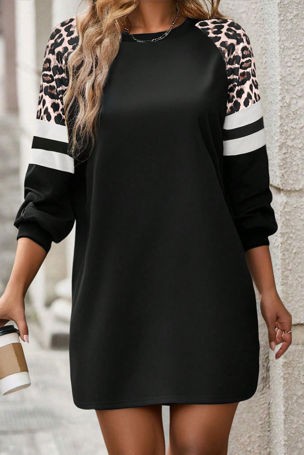 Black Leopard Print Patchwork Varsity Raglan Sleeve Sweatshirt Dress - loveforevers