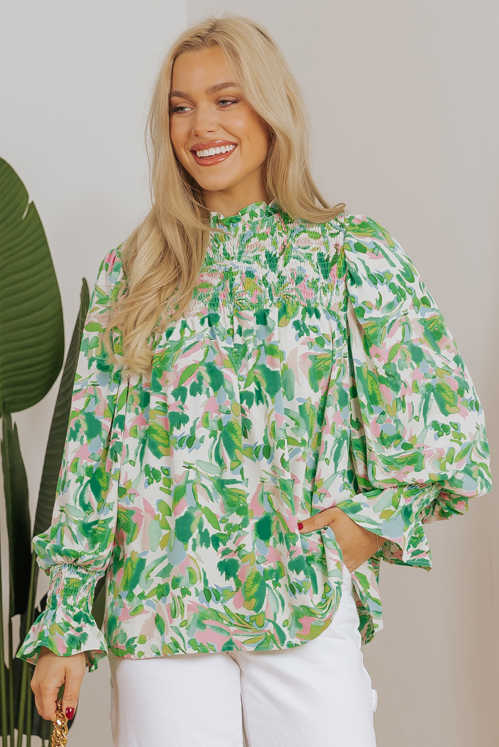 Green Leafy Printed Flounce Sleeve Shirred Mock Neck Blouse - loveforevers