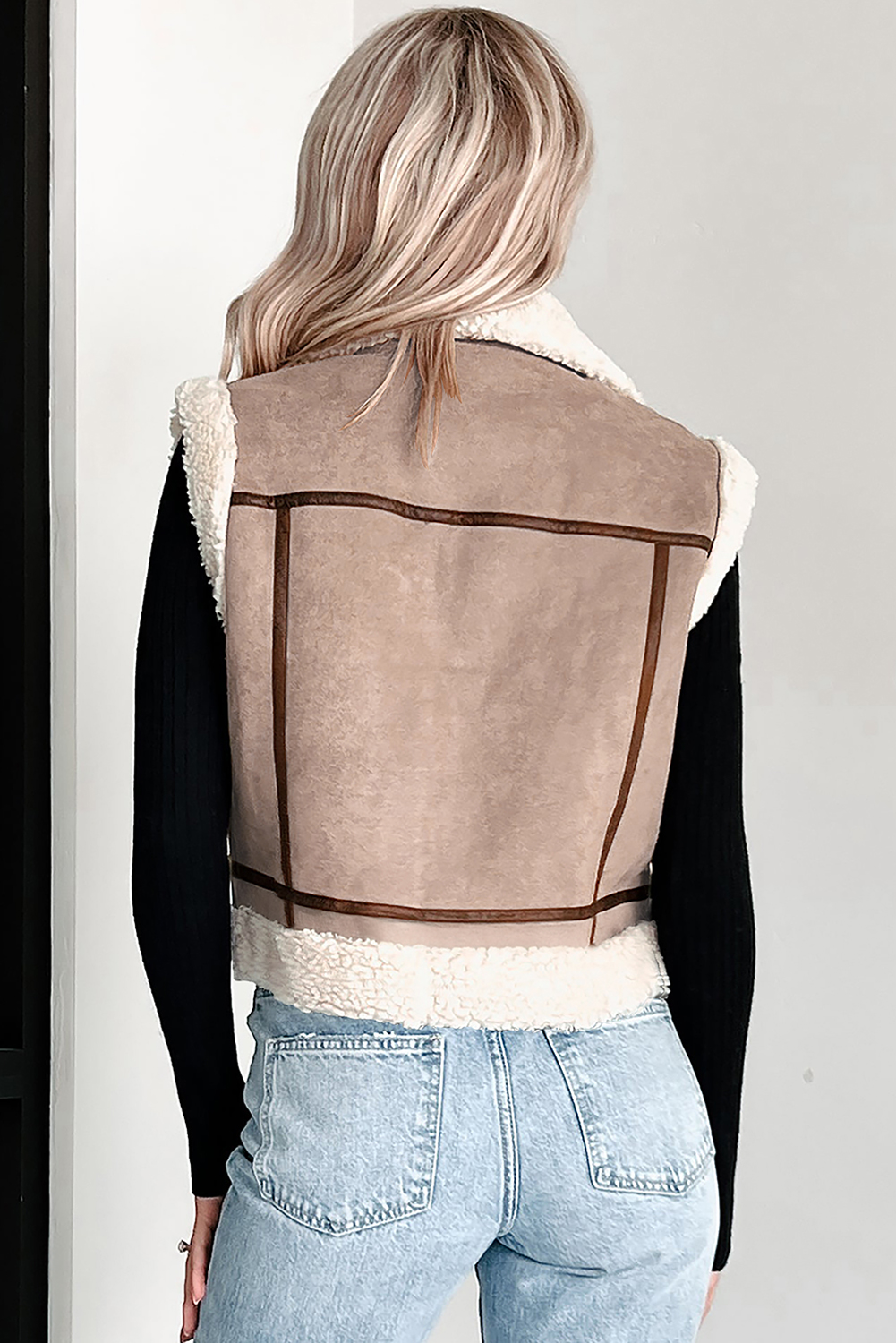 Dark Khaki Sherpa Lined Faux Suede Lapel Collar Vest - loveforevers