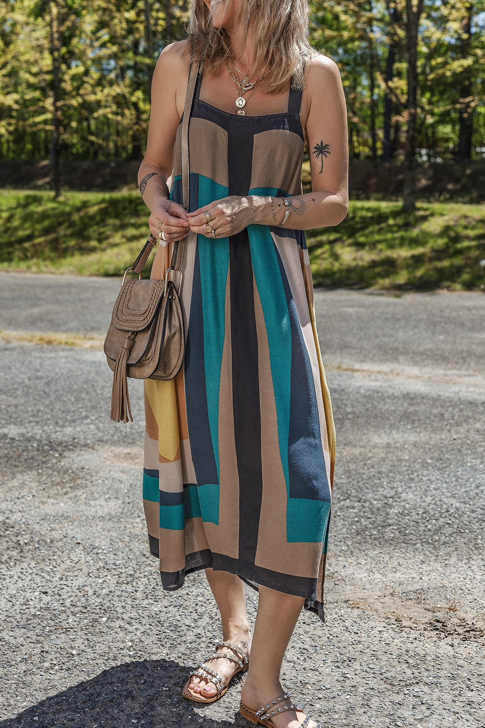 Brown Retro Geometric Printed Y Back Sleeveless Dress - loveforevers
