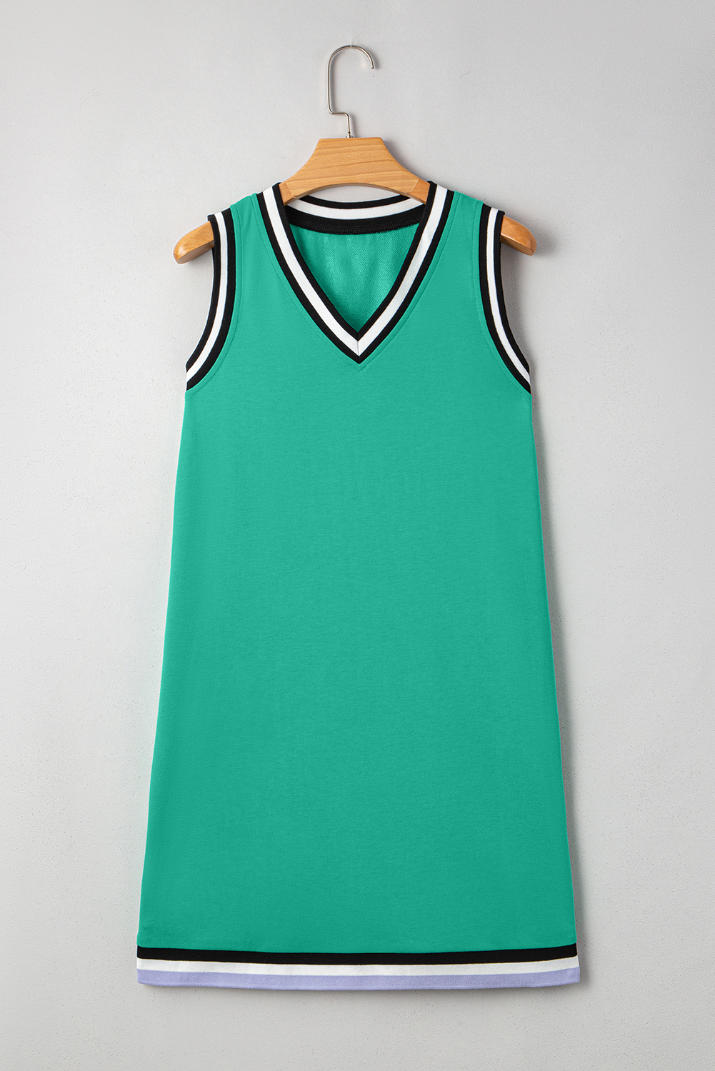 Mint Green Varsity Contrast Striped V Neck Long Sleeve T Shirt Dress with Pockets - loveforevers