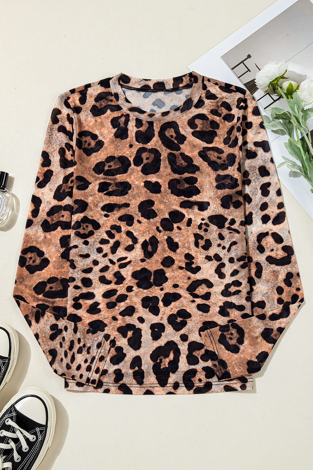 Brown Leopard Round Neck Long Sleeve Slim Top - loveforevers