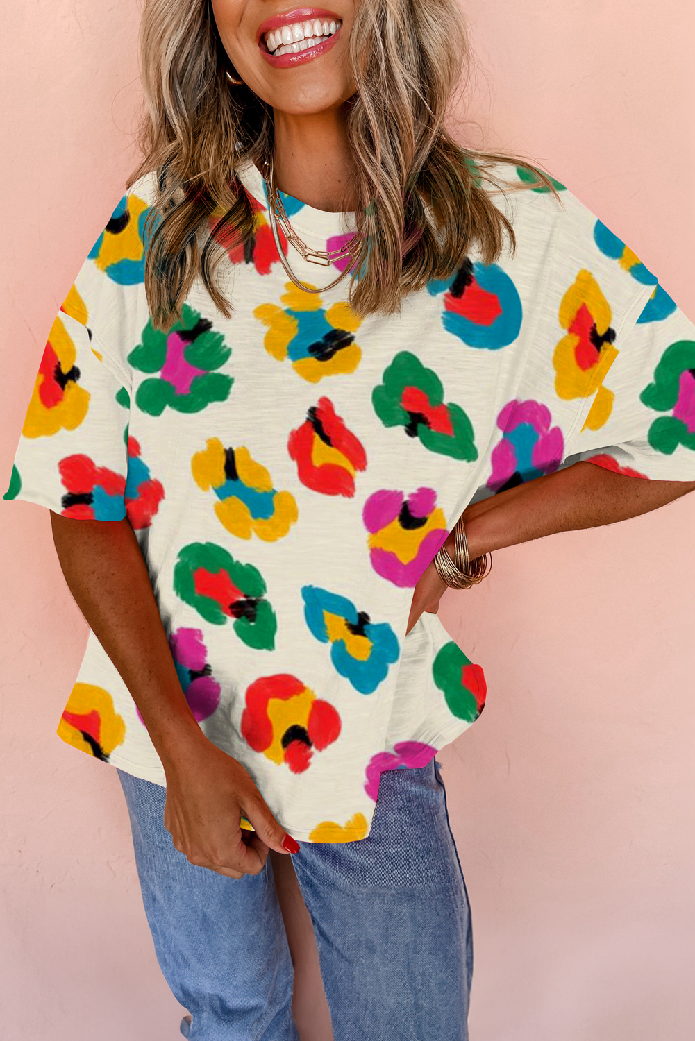 Apricot Leopard Drop Shoulder Oversize Tee - loveforevers