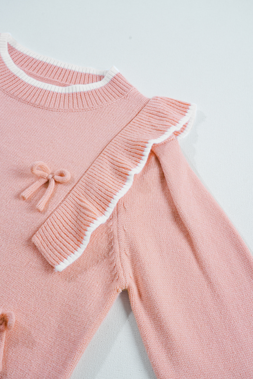 Light Pink Ruffled Bowknot Ribbed Trim Long Sleeve Sweater - loveforevers