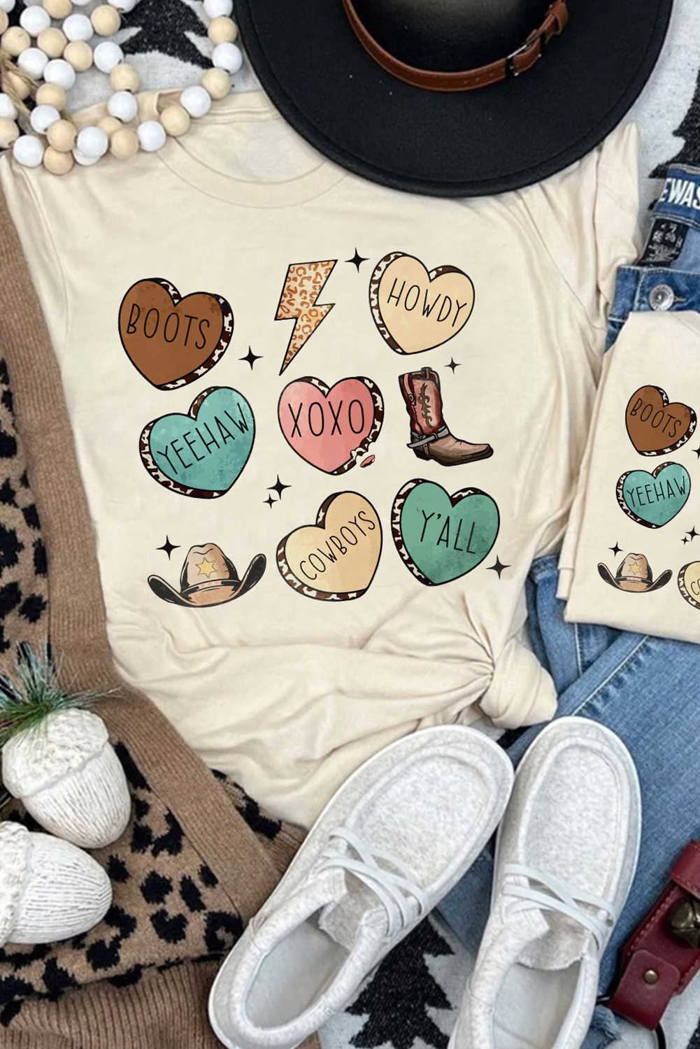 Red Leopard Striped Heart Shaped Print Crew Neck T Shirt - loveforevers