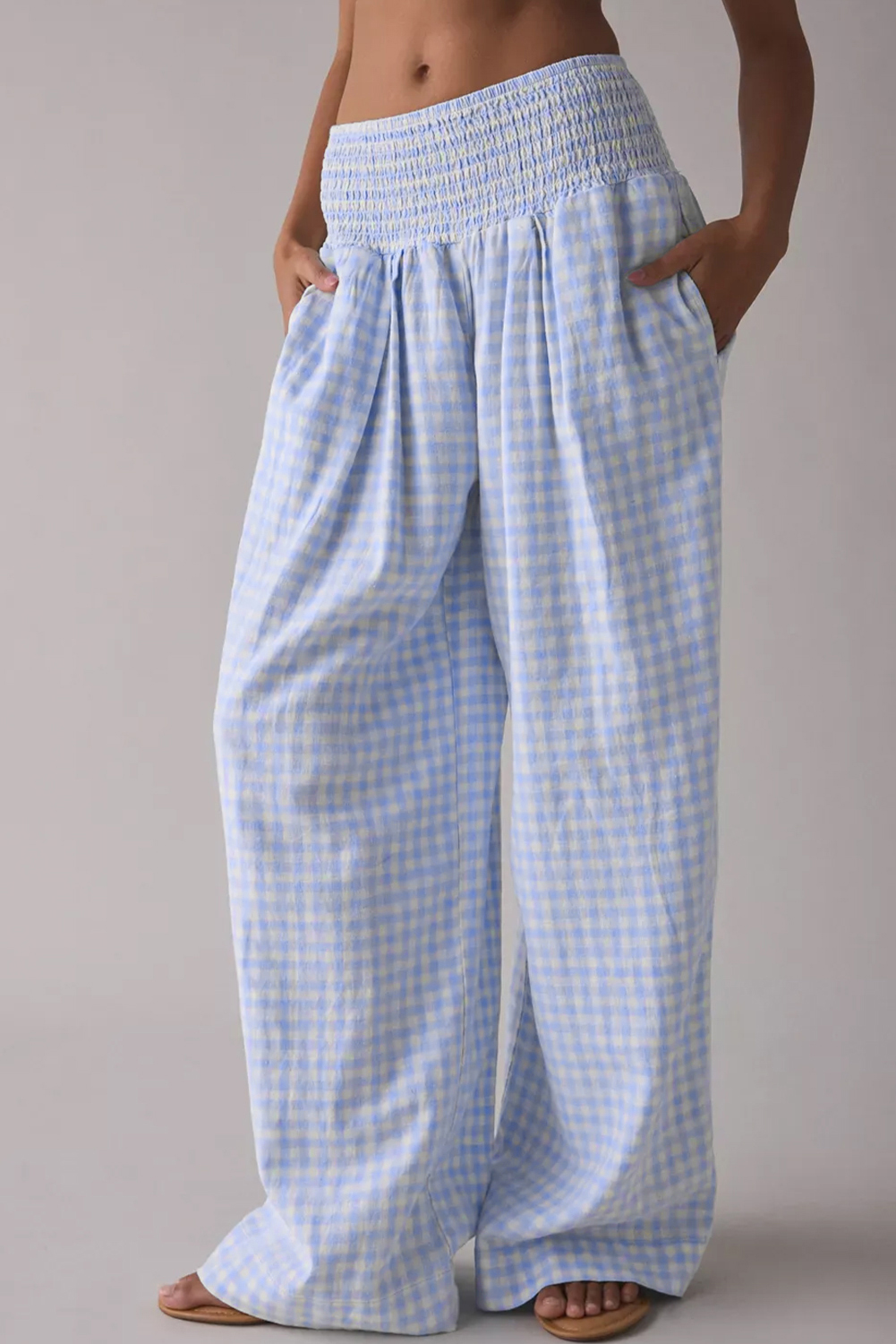 Myosotis Plaid Print Smocked High Waist Womens Loose Pants - loveforevers
